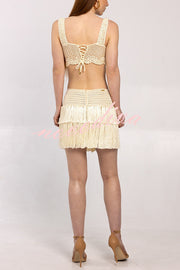 Resort Style Solid Knit Camisole Top and Fringed Cutout Mini Skirt Set