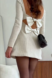 Chic Playful Vibes Tweed Square Neck Open Back Bows Mini Dress