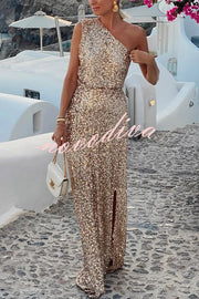 Santorini Night Sequin Fabric One Shoulder Slit Maxi Dress