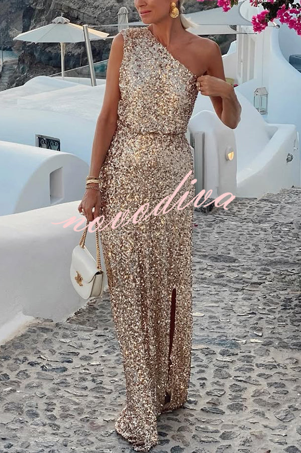 Santorini Night Sequin Fabric One Shoulder Slit Maxi Dress