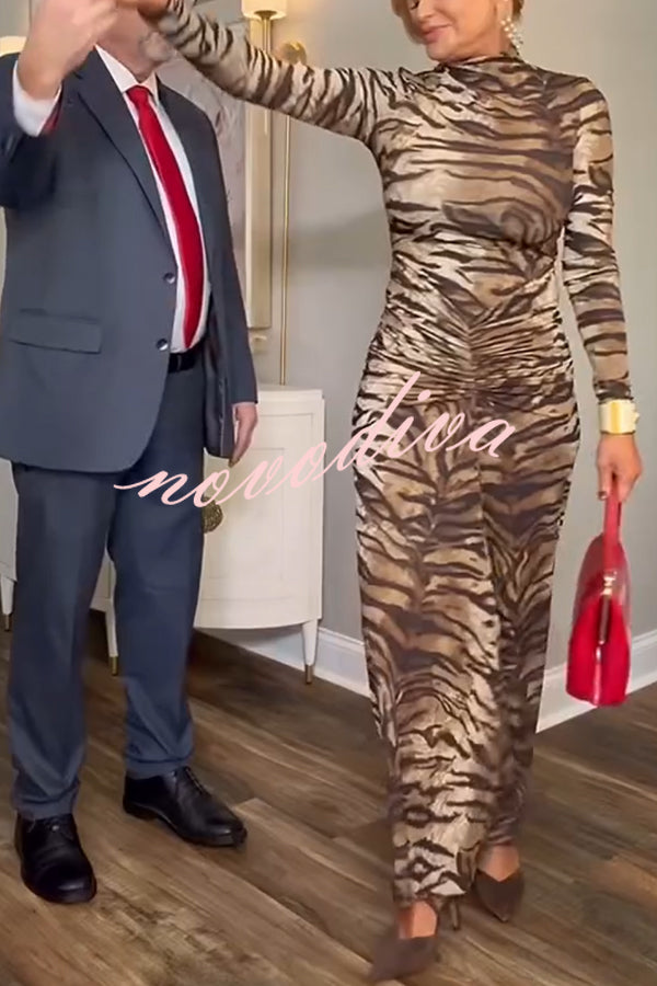 Winston Animal Print High-neck Long Sleeve Ruched Hip Stretch Maxi Dress