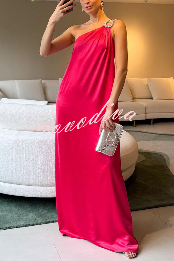 Charming Glance Satin Metal Hardware One Shoulder Loose Maxi Dress