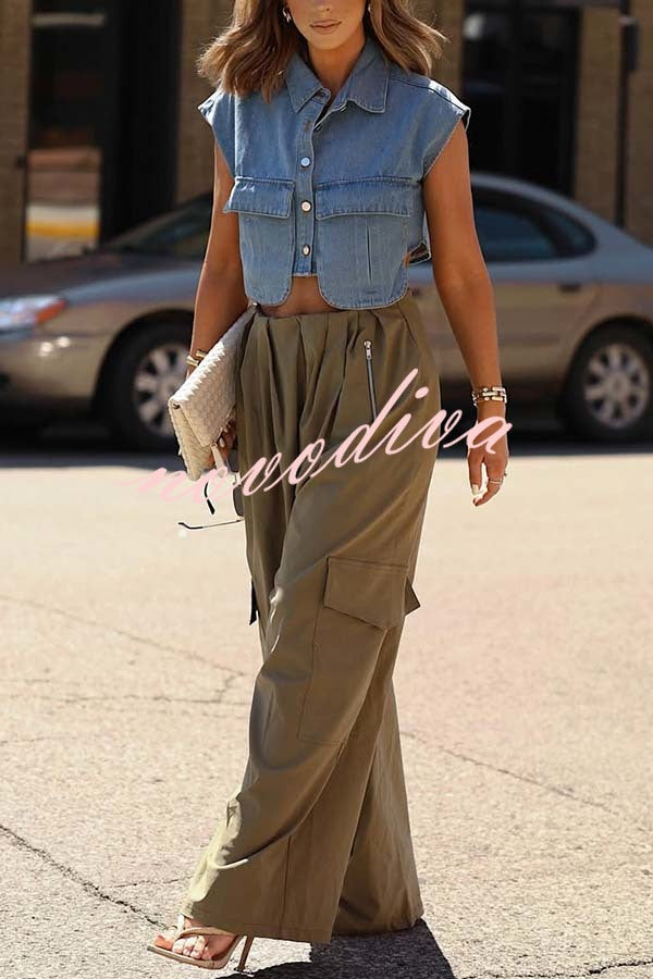 Great Week Pleated Elastic Waist Zipper Pocket Wide Leg Cargo Pants