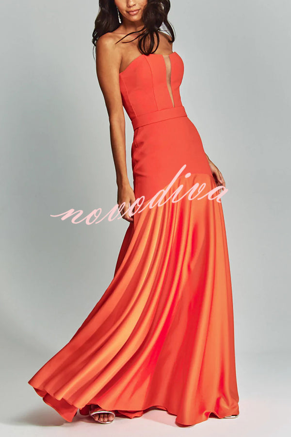 Mermaid Style Off Shoulder Sheer V-neck Satin Hem Party Maxi Dress