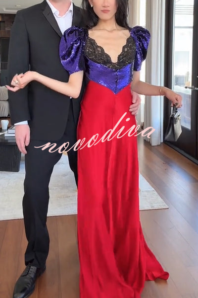 Like Snow White Sequin Lace Puff Sleeve Satin Hem Maxi Dress