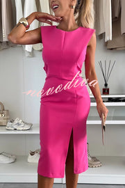 Solid Color Round Neck Sleeveless Slim Fit Slit Midi Dress