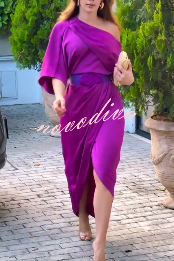Whispered Yes Satin Irregular Lapel Neckline Design Ruched Maxi Dress