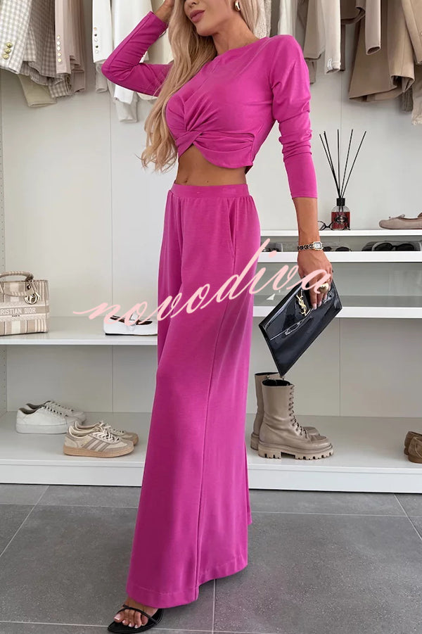 Solid Color Round Neck Long Sleeve Twist Crop Top and Elastic Waist Pocket Wide Leg Pants Set