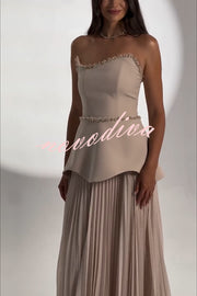 Capture The Moment Gem Trim Pleated Hem Strapless Maxi Dress