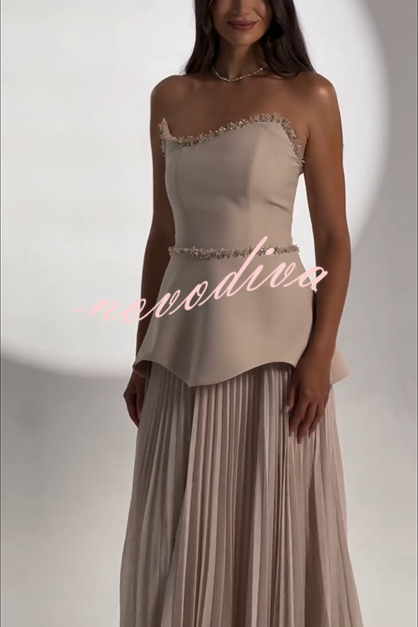 Capture The Moment Gem Trim Pleated Hem Strapless Maxi Dress