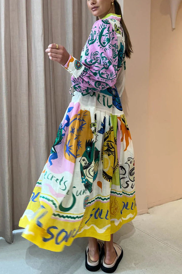 Boldness and Art Unique Print Balloon Sleeve Patchwork Shirt Midi Dress