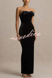 Illusion Velvet Bandeau neck Bow detail Stretch Maxi Dress