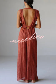 Resort Style V-neck Tie Pleated Casual Jumpsuit