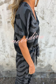 Zebra Print V-neck Short-sleeved Lace-up Top and Elastic Waist Pocket Straight-leg Pants Set