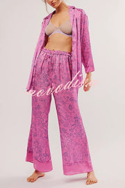 Unique Printed Lounge Long-sleeved Shirt and Elastic Waisted Baggy Pants Set