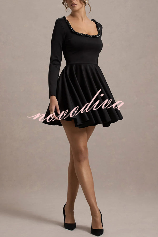 Playful Elegance Pearl Embellished Trim Long Sleeve Pleated Mini Dress