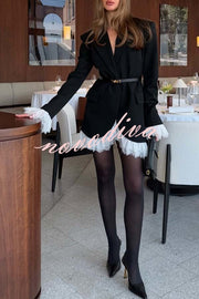 Cue The Chic Lace Trim Button Long Sleeve Lapel Blazer Mini Dress