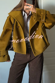 Ellie Epaulettes Stand Neck Double-Breasted Pocket Cropped Loose Woolen Coat