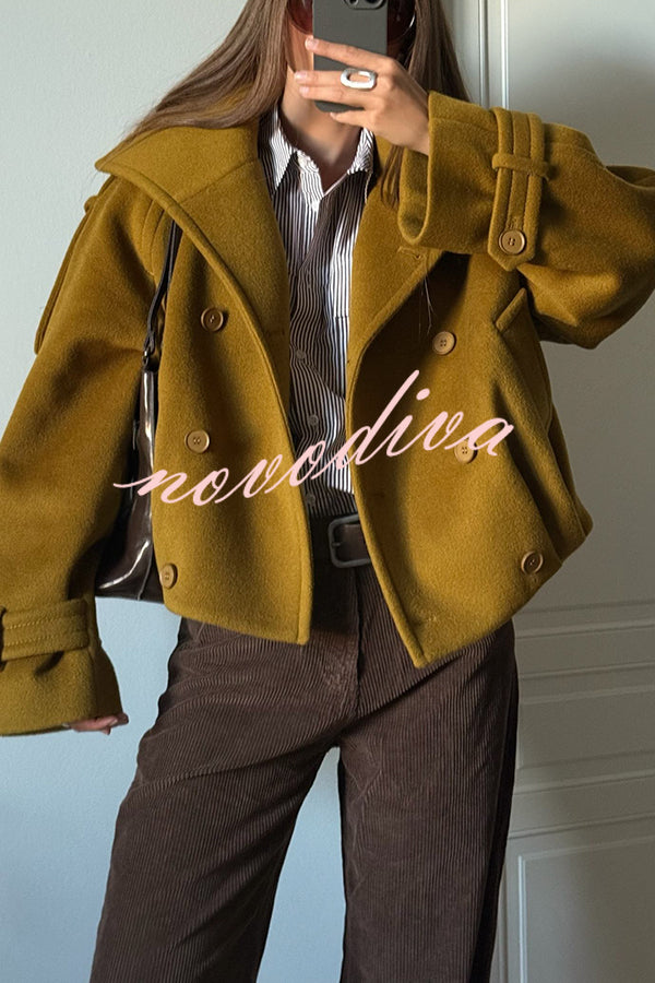 Ellie Epaulettes Stand Neck Double-Breasted Pocket Cropped Loose Woolen Coat