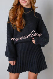 Solid Color Round Neck Puff Sleeve Loose Knit Sweater and Casual Striped Mini Skirt Set