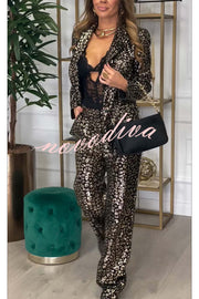 Mona Leopard Metallic Fabric Lapel Boyfriend Blazer and Elastic Waist Pocketed Loose Pants Set