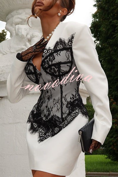 Saela Contrast Lace Corset Design V-neck Long Sleeve Tulip Mini Dress