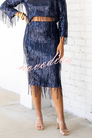 Insight Blueberry Sequin Fringe High Rise Elastic Waistband Midi Skirt