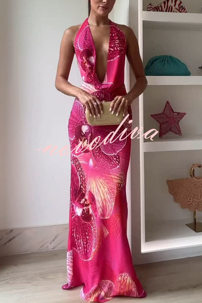 Perfect Sultry Look Unique Print Drape Cowl Neck Halter Maxi Dress