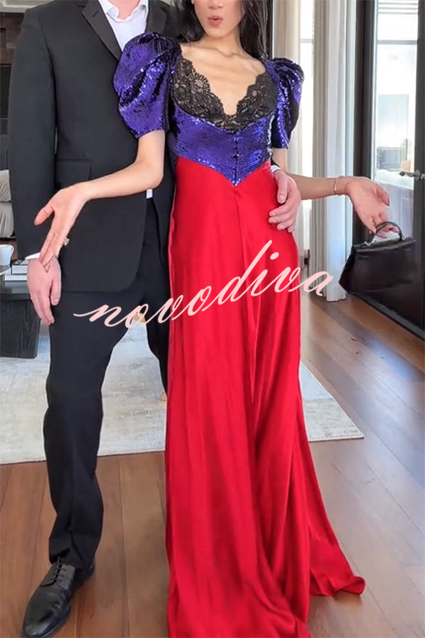 Like Snow White Sequin Lace Puff Sleeve Satin Hem Maxi Dress