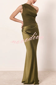 Kaia Satin Contrast Fabric Patchwork One Shoulder Ruched Maxi Dress