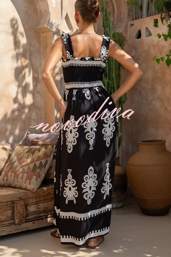 National Boho Style Unique Print Smocked Bust Wide Strap Pocket Maxi Dress