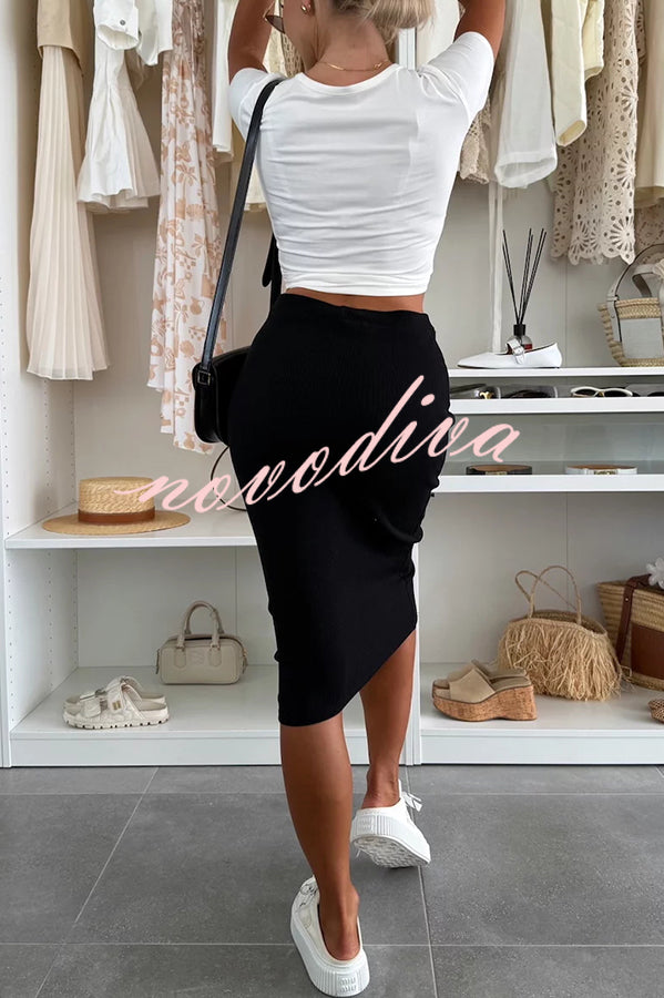 Perfect Basics Ribbed Knit Elastic Waistband Stretch Midi Skirt
