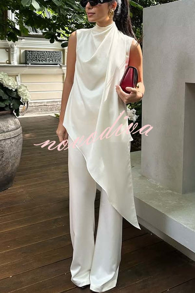 Simply Luxe Satin High Neck Irregular Hem Top and Elastic Waist Flare Loose Pants Set