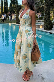 Resort Star Floral Print Waist Halterneck Tie Pocket Midi Dress