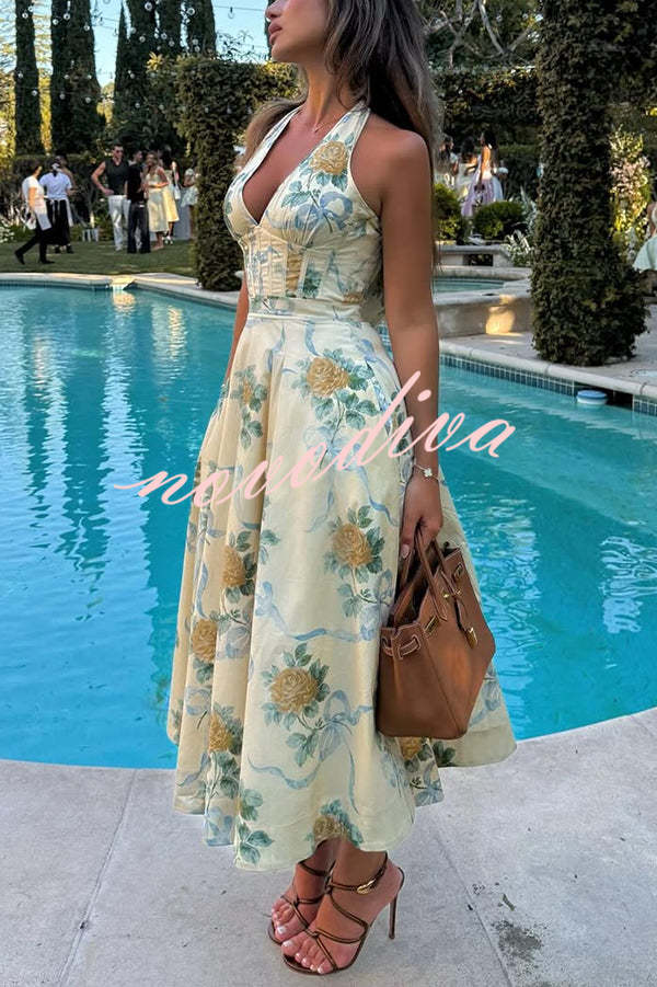 Resort Star Floral Print Waist Halterneck Tie Pocket Midi Dress