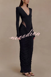 Sexy See-through Long-sleeved V-neck Pleated Slim-fit Maxi Dress