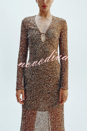 Fashion Sequined Hollow V-neck Long-sleeved Holiday Midi Dress