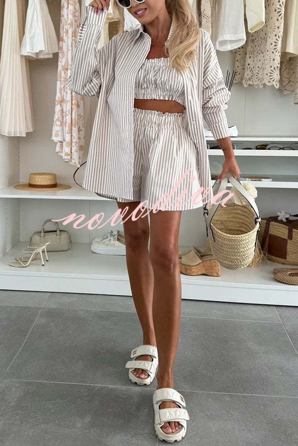 Zoie Striped Stretch Bandeau + Elastic Waist Pocket Shorts + Oversized Blouse 3 Pieces Set