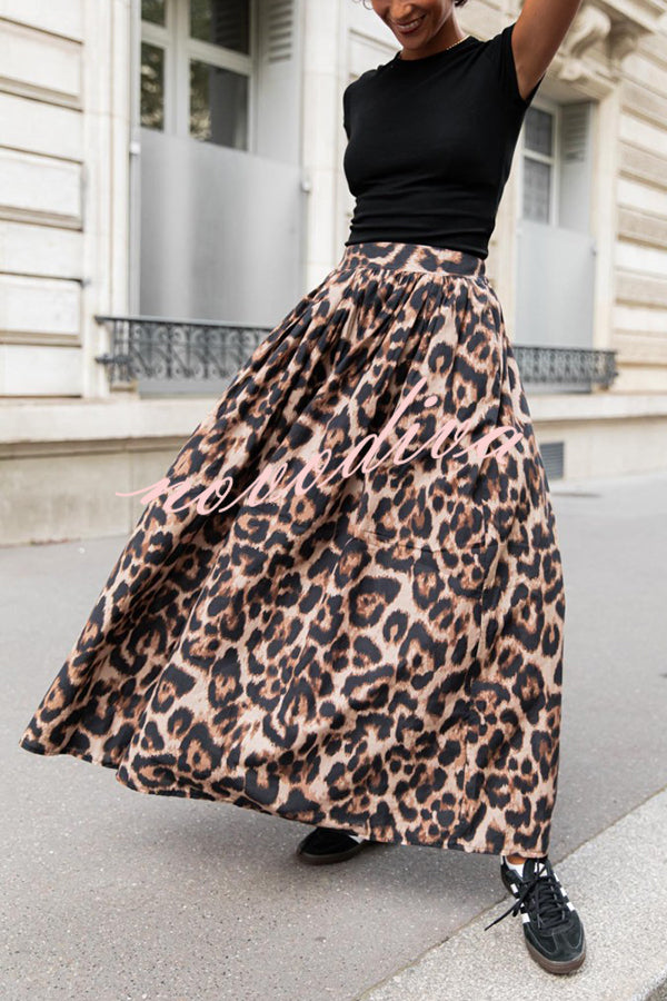 Leopard Print Pocket Pleated Hem Maxi Skirt