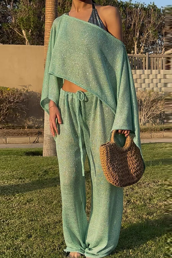 Vacation Knit Shiny Fabric Batwing Sleeve Cape Top and Cover-up Elastic Waist Loose Pants Set