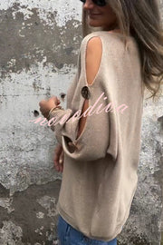 Solid Color Round Neck Hollow Long Sleeve Loose Knitted Sweater