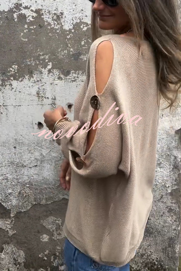 Solid Color Round Neck Hollow Long Sleeve Loose Knitted Sweater