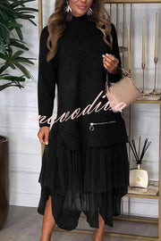 Taylor Knit Turtleneck Zip-up Top and Elastic Waist Tulle Loose Midi Skirt Set