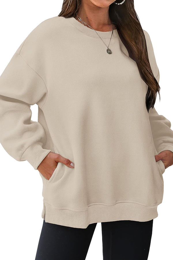 Solid Color Round Neck Pocket Loose Warm Long Sleeve Sweatshirt