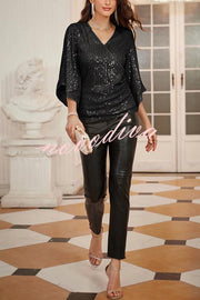 Solid Color Sequined V-neck Hollow Sleeve Slim Fit Top