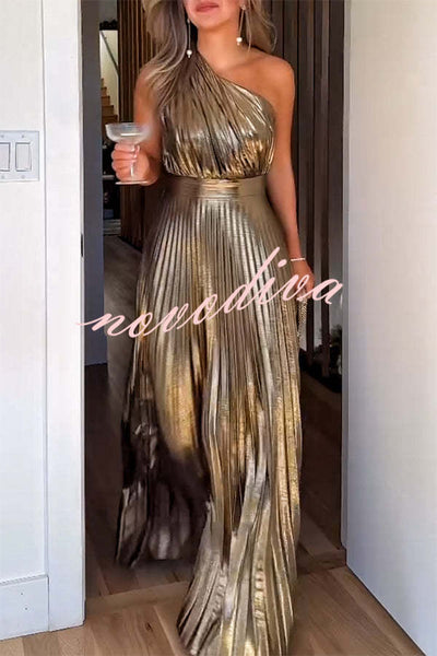 Be My Guest Metallic Fabric Pleated One Shoulder Maxi Dress