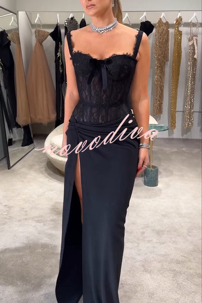 Sexy Grace Magic Lace Corset Bow Design Ruched Hip Slit Maxi Dress