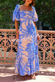 Watercolor Floral Print Square Neck Puff Sleeve Maxi Dress