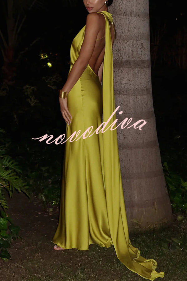 Crush on You Satin One Shoulder Backless Cape Maxi Dress