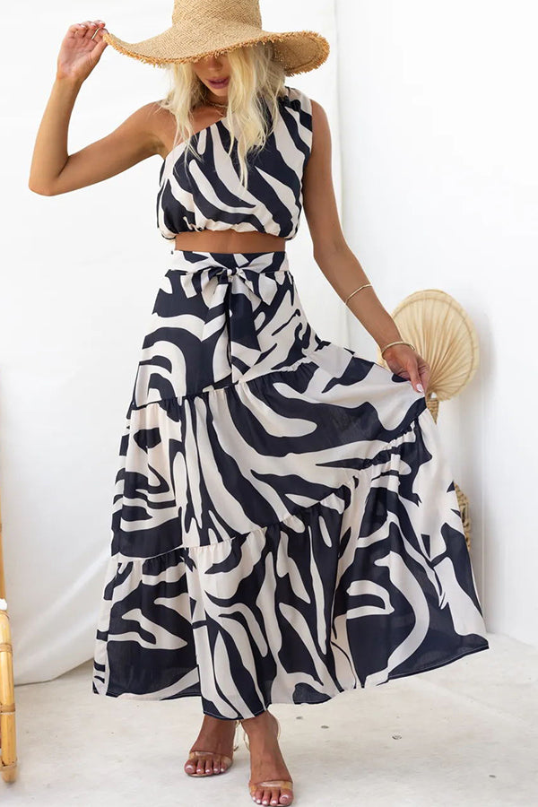 Style Wonderland Abstract Print High Waist Tie-up Maxi Skirt